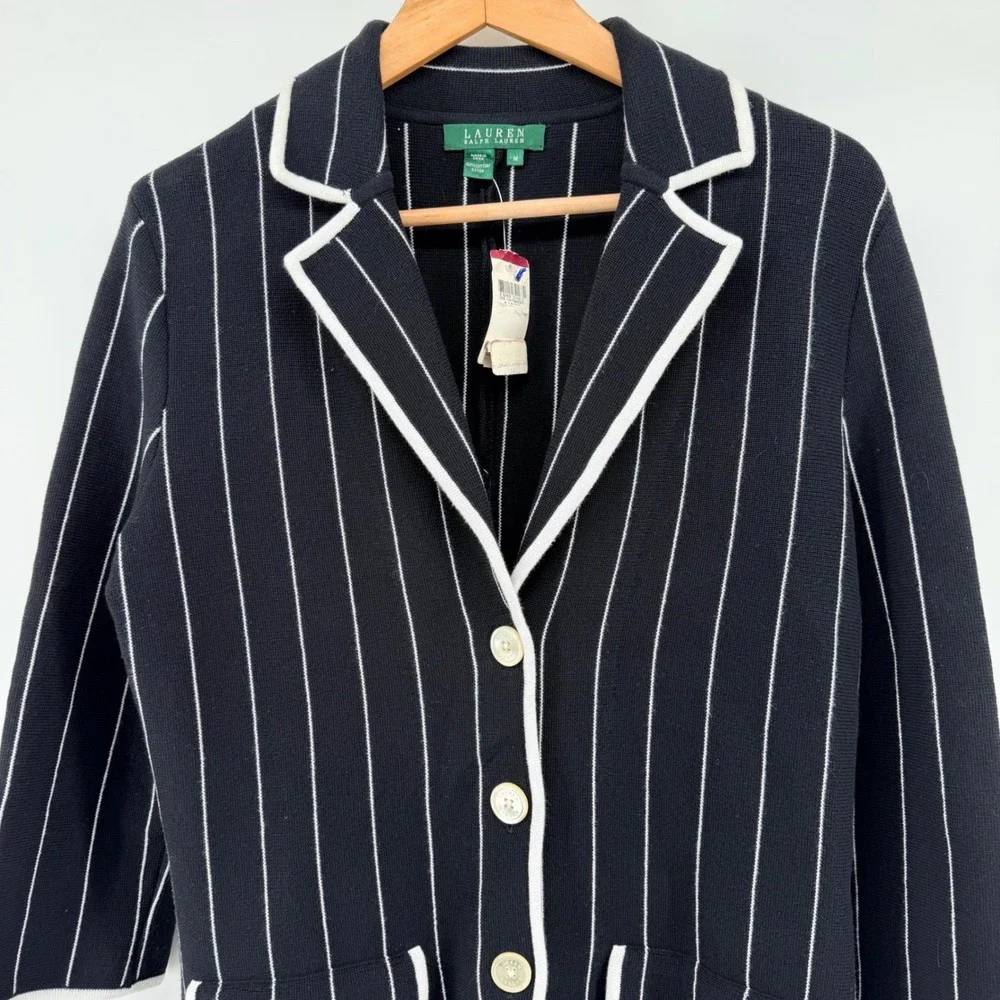 Lauren Ralph Lauren Navy White Pinstripe Knit Blazer Cardigan Jacket Womens M - Picture 2 of 9